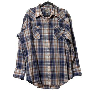 Ely Cattleman men's  size XL pearl snaps blue orange plaid long sleeve shirt